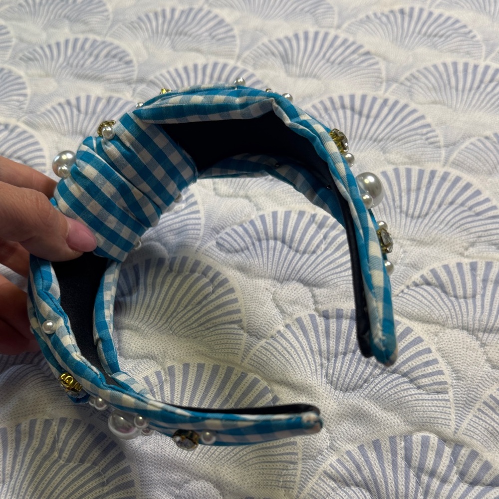 Blue Gingham Pearl Crystal Knotted Headband Preppy Coastal Statement - Picture 6 of 7